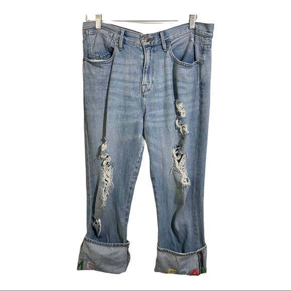Frame le embroidery boyfriend jean size 28 flipped cuffed distressed denim - Picture 4 of 14